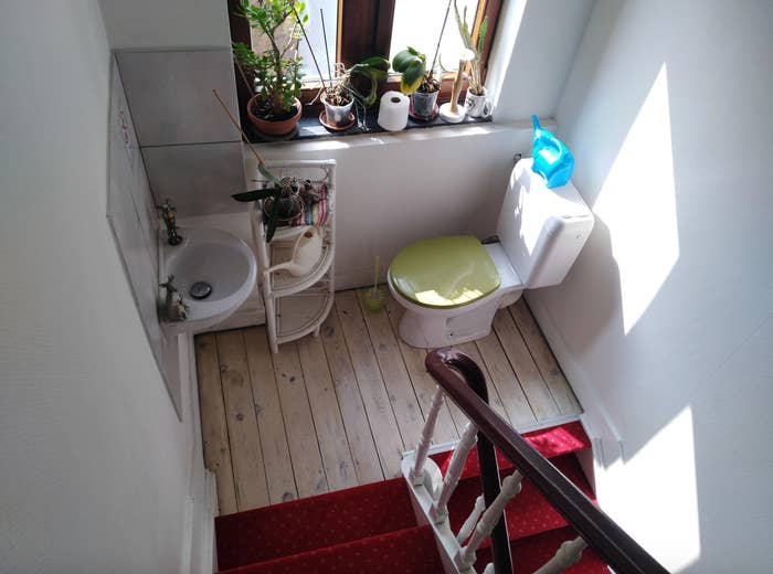 Bathroom with a small sink, toilet, and potted plants on the windowsill, viewed from above near a staircase