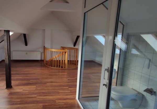 Attic space with wooden floors, a spiral staircase, and a glass-enclosed bathroom area