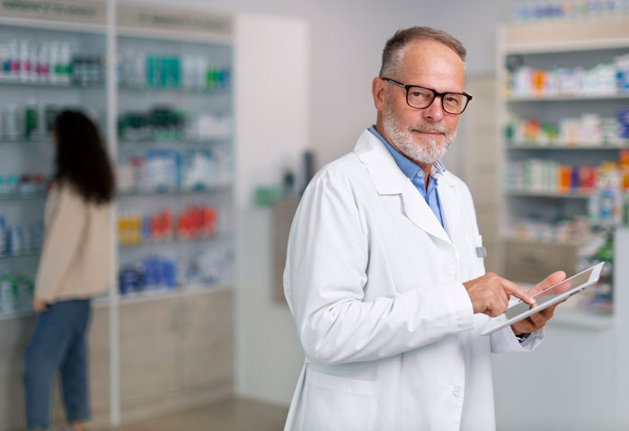 Pharmacy manager in a lab coat and glasses using a tablet, with a pharmacy shelf in the background.