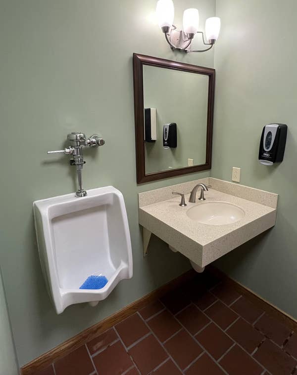 Accessible bathroom with a wall-mounted urinal and sink, both with touchless dispensers, under warm lighting