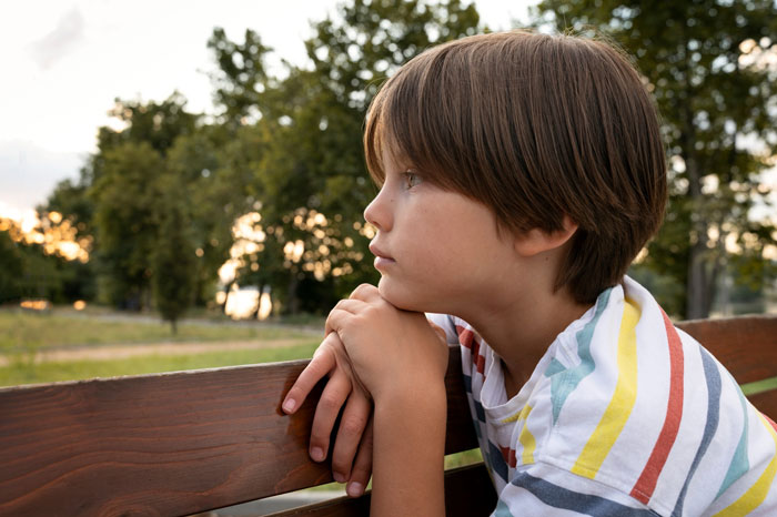 Young boy in a striped shirt sitting on a bench outdoors, reflecting on a woman buying a swing set for her kid.