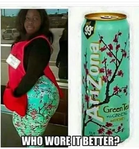 Woman vs. can of Arizona green tea